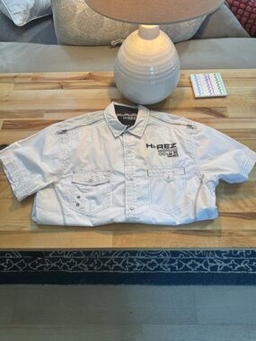 HI-REZ Button Up Shirt Men’s M White Short Sleeve Zipper Shoulder Casual